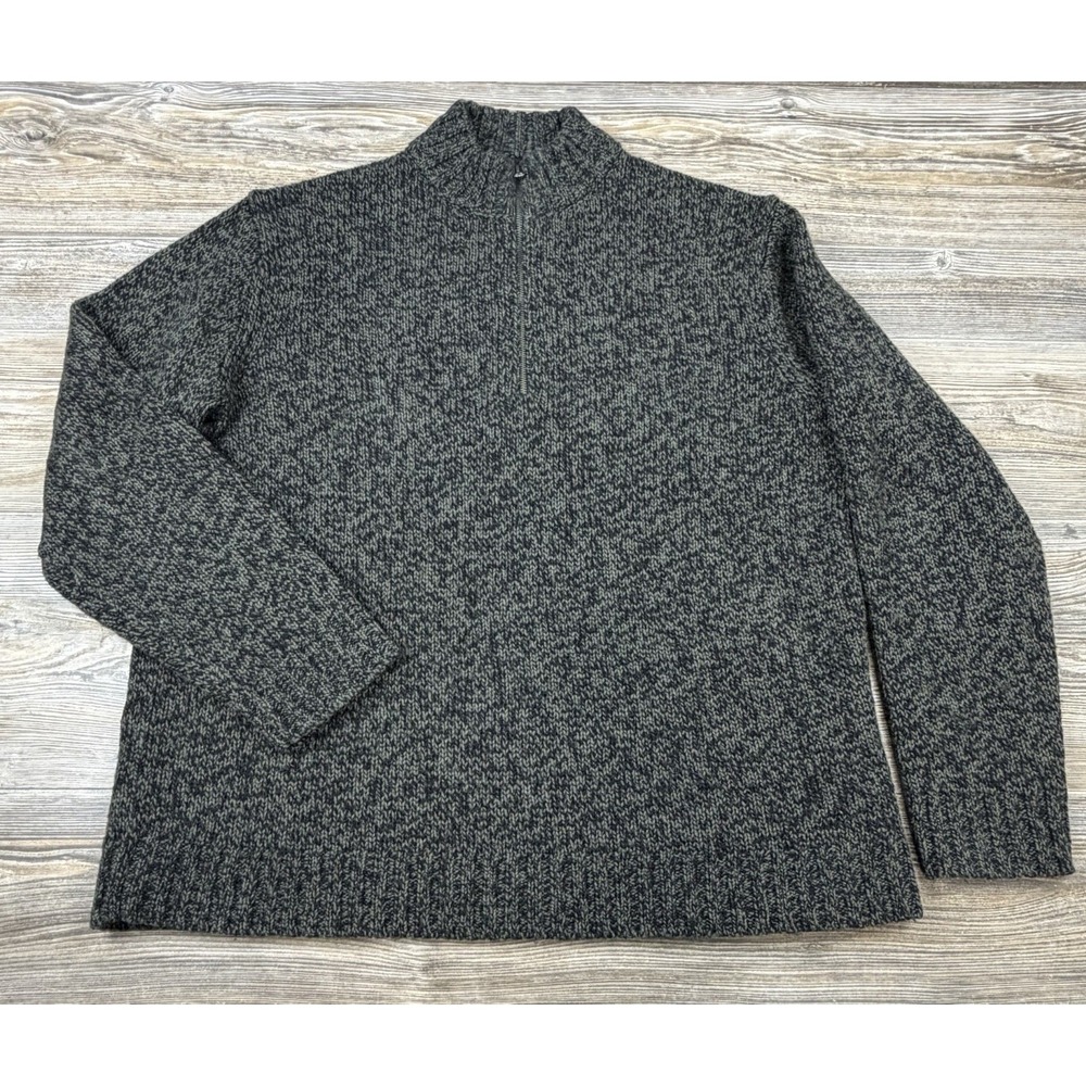 Woolrich 1/4 Zip Wool Knit Sweater Mens L Green/Black Marled Fisherman Cabincore